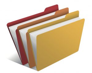 Cartoon filing folders in red, orange and yellow