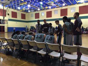 Basketball team during time out huddle
