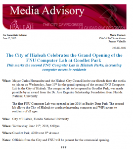 FNU Computer Lab Grand Opening press release by City of Hialeah