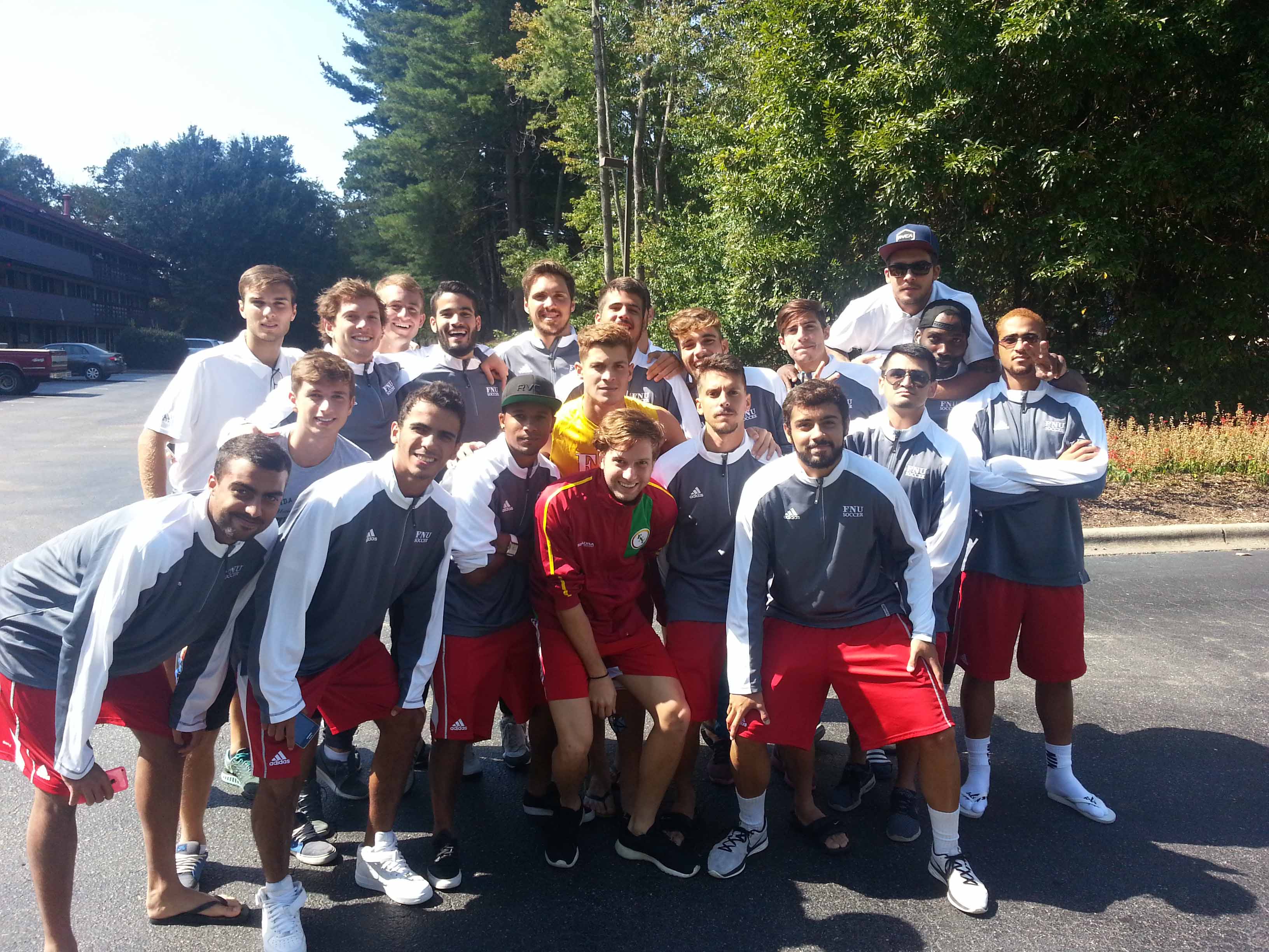 Men's Soccer at hotel before playing game vs Warren Wilson College in which FNU won 21-0