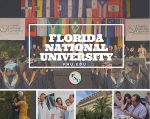Florida National University collage with picture of graduation, soccer players, dental students and exterior of campus