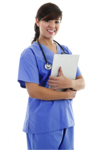A female nurse holding a clipboard in her hand