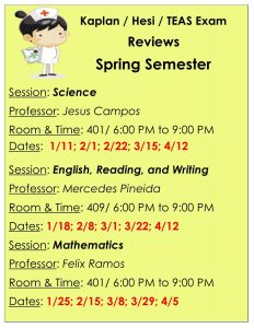 Florida National University Tutoring Schedule Spring A for the Kaplan, Hesi and TEAS exams