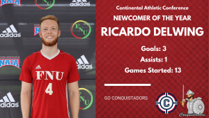 FNU men's soccer defender Ricardo Delwing earns CAC Newcomer of the Year graphic.