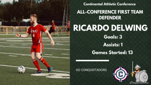 FNU men's soccer defender Ricardo Delwing earns CAC All-Conference first team honors graphic.
