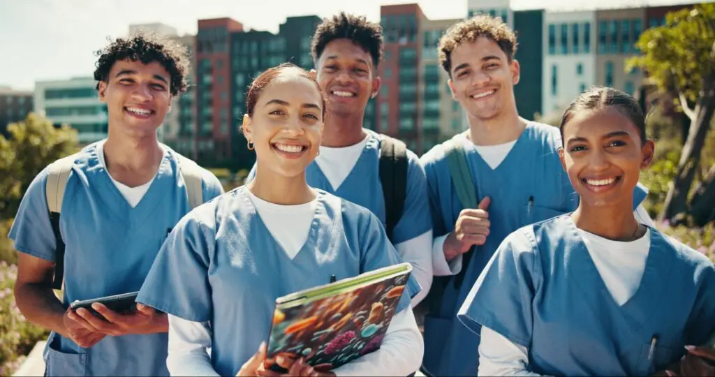 A diverse group of young RNs at nursing school.
