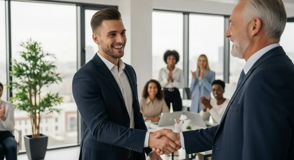 A student shaking hands with a businessman and learning the benefits of a bachelor’s degree