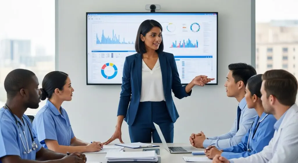 A healthcare administration team meets in a modern conference room while a leader presents data charts, illustrating collaboration in a master’s in health services administration environment.
