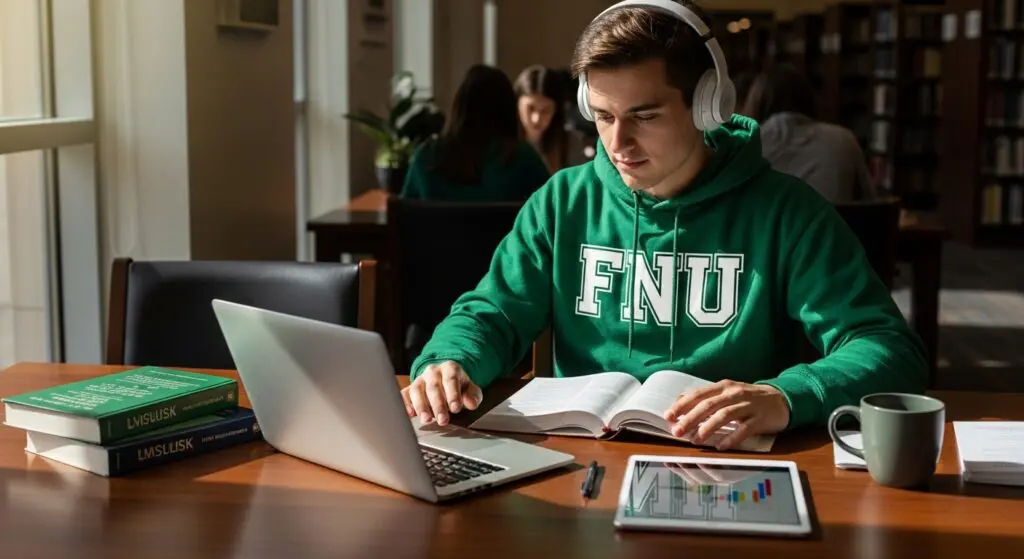 College student in FNU hoodie studying with music in the library, using laptop, open books, and headphones to improve focus and concentration.