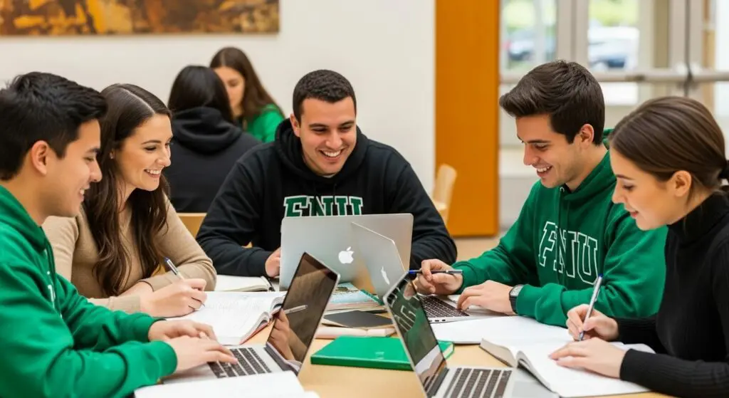A group of male and female FNU students is experiencing the benefits of study groups in college