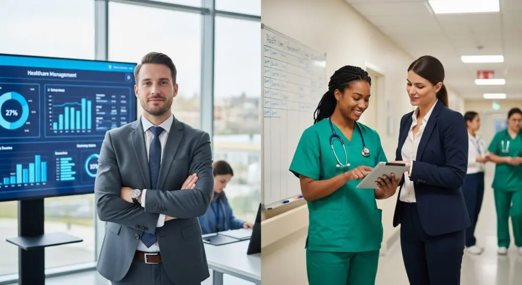 Split image showing a healthcare manager reviewing analytics and a healthcare administrator working with clinical staff, illustrating career path differences