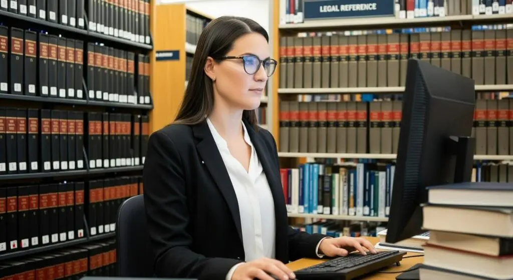 A woman working on a computer at a legal studies job