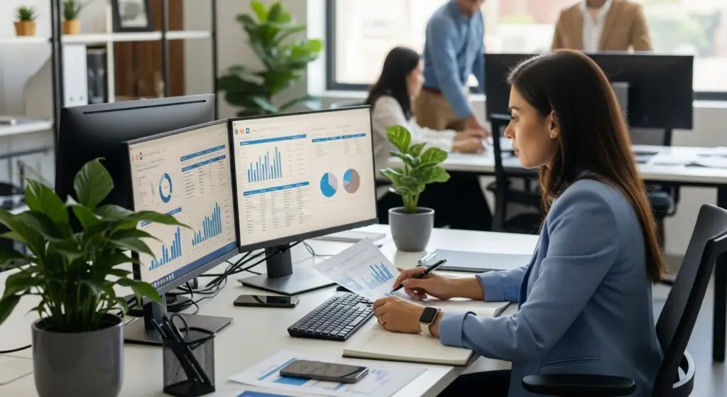 Business administration graduate analyzing financial data on dual monitors in a modern office, representing top paying jobs with a business administration degree.