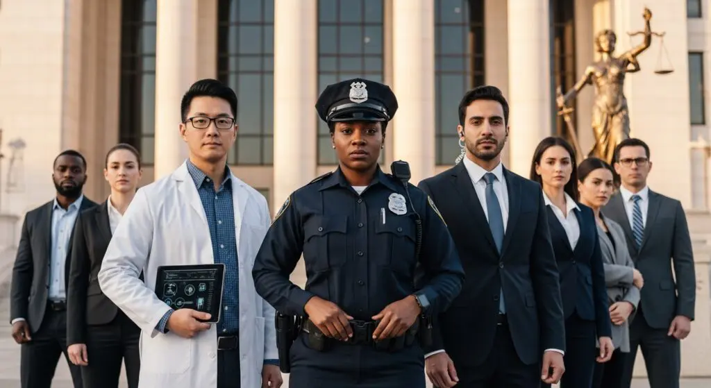 Group of professionals including a police officer, lawyer, and forensic expert standing outside a courthouse, representing jobs with a criminal justice degree.