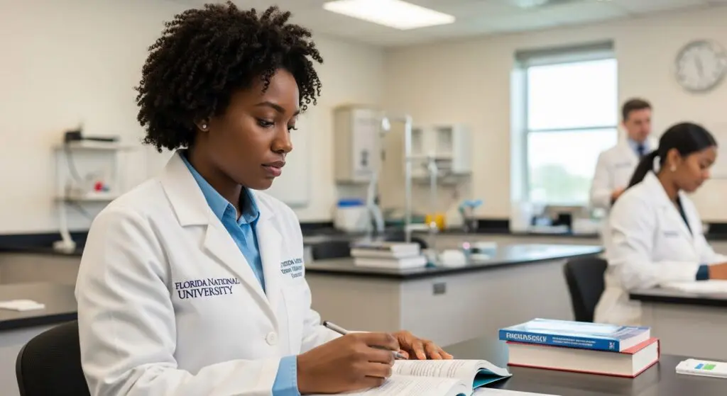 Foreign medical graduate studying for ECFMG certification steps at Florida National University lab.