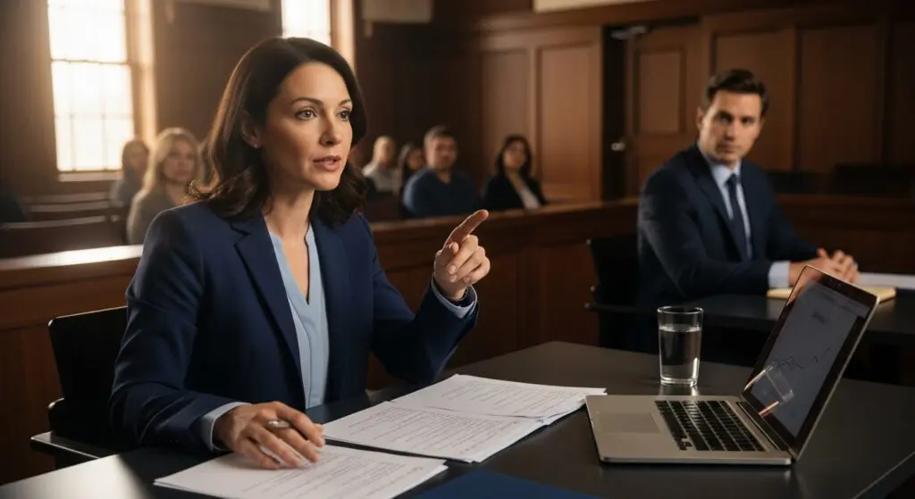 Forensic psychologist testifying in court as part of a job description involving legal proceedings and expert analysis.