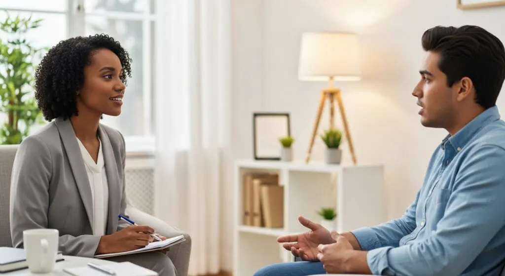 A psychologist practices strong communication skills during a therapy session with a client in a calm, professional setting. This image illustrates one of the essential psychologist skills needed for success.