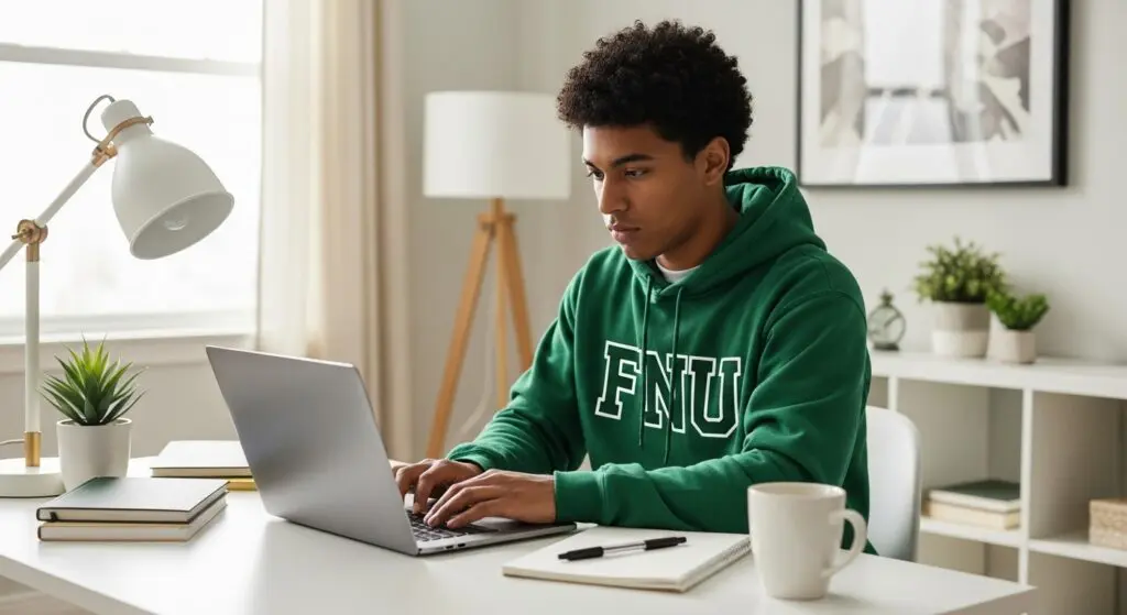 College student studying at home using a laptop, demonstrating tips for online learning success.