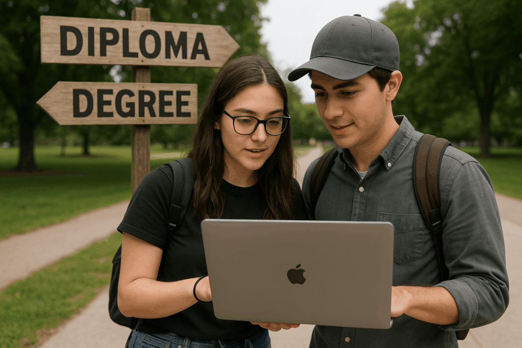 A female and a male student are looking at a laptop about diploma vs degree college options.