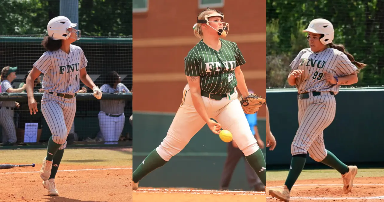 FNU softball players Ana (Gabi) De Oliveira Obando, Sophia White and Janessa Esquibel.