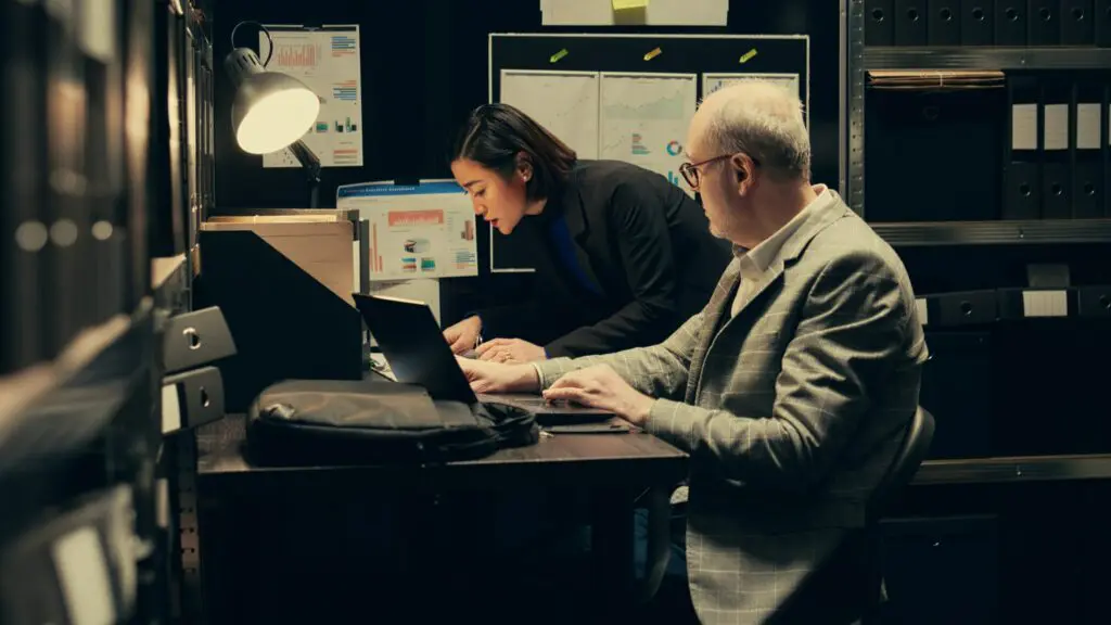 Female and Male forensic psychologists analyzing case details