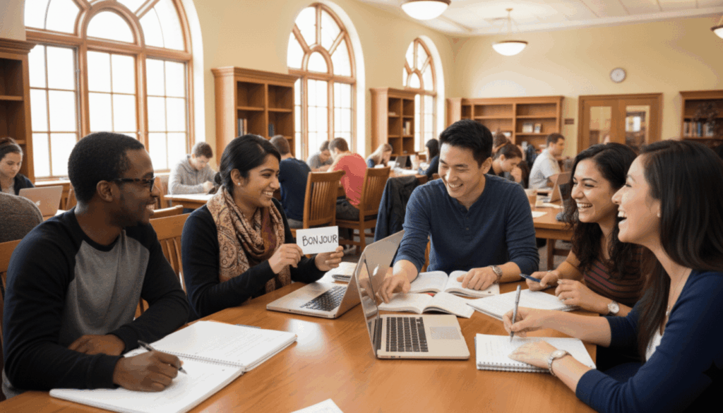 College students practicing a new language together in a study group, sharing tips for learning a new language.