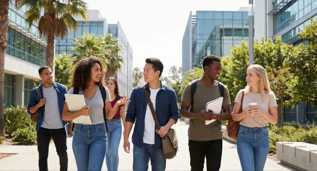 International students walking together on a college campus, learning how to study in the US as an international student.