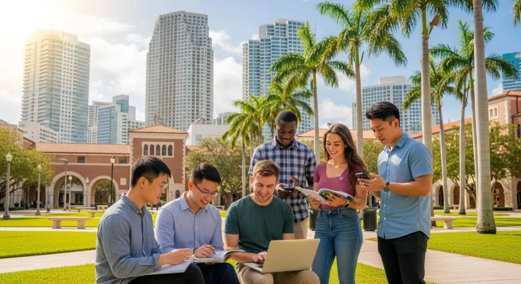 Group of college students studying together outdoors on a sunny campus with palm trees.