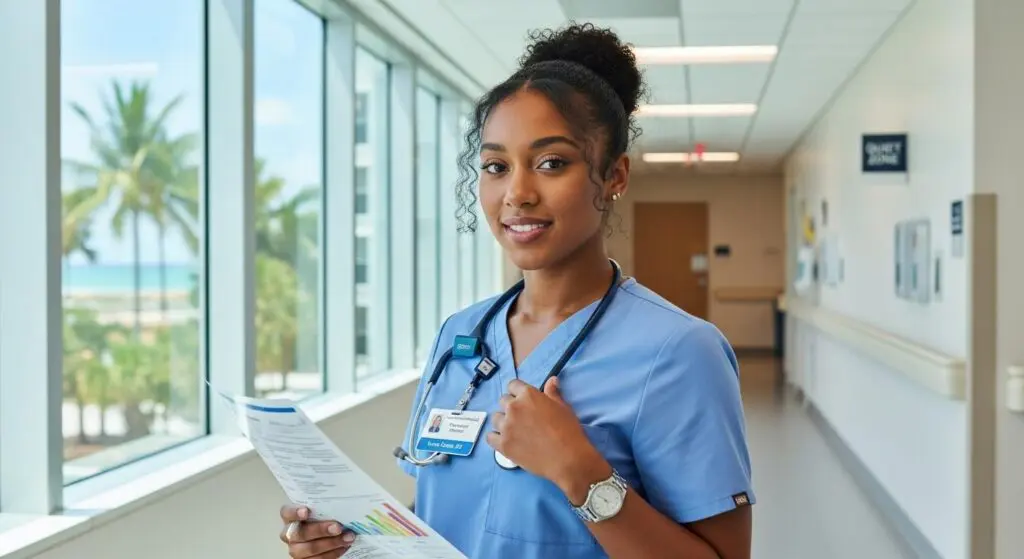 Nursing student in scrubs holding paperwork while standing in a hospital hallway.