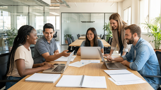 Interns sitting around a table at a job