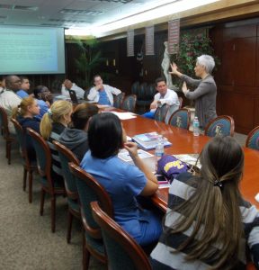 Dr Mora discusses patient etiquette with FNU students