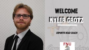 Kyler Grotz announced as the FNU's Esports head coach graphic.
