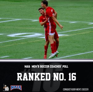 FNU men’s soccer moves to No. 16 in NAIA power rankings graphic. (Sept. 20, 2023)