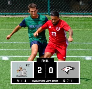 FNU men’s soccer claimed its ninth win of the year in a 2-0 victory over the Falcons graphic.