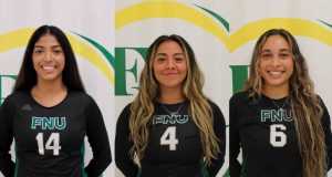 FNU volleyball players Layla Cortez, Ivette Sandoval and Elis Cordova-Millet.