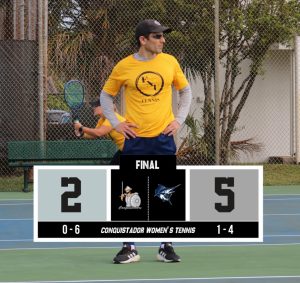 Women's tennis falls to PBA at home graphic.